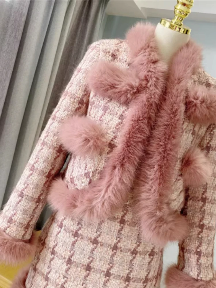 Moda elegante abito rosa donna 2023 autunno inverno cuciture addensate cappotto corto + gonna a trapezio dolce pendolarismo in due pezzi