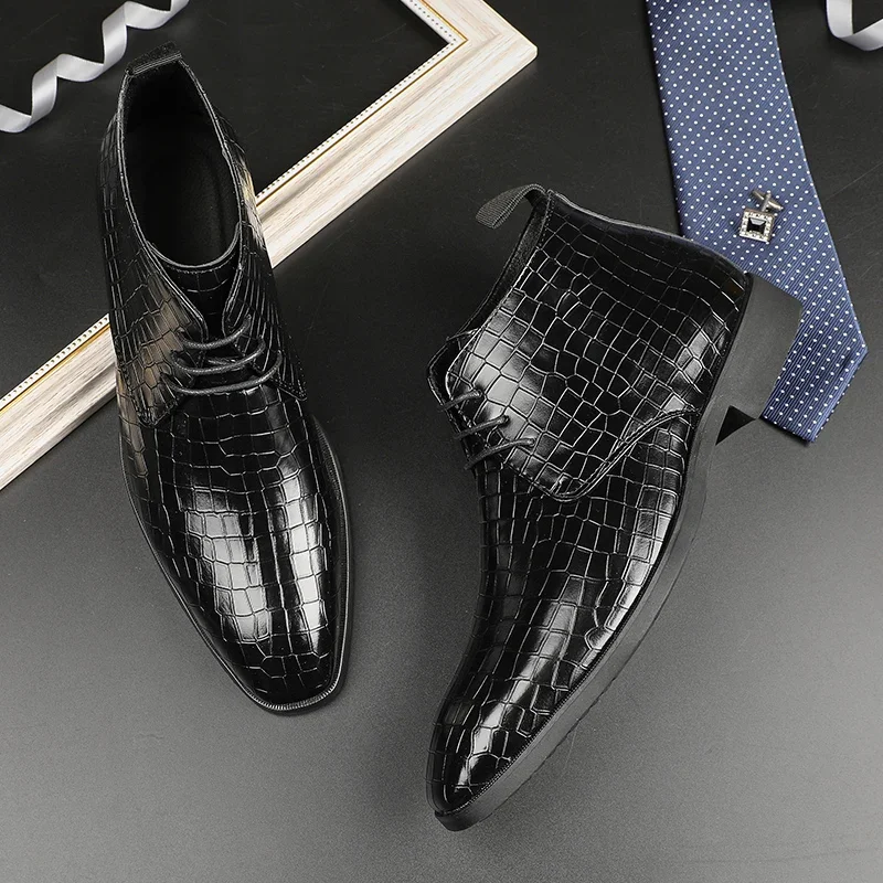 Men Ankle Boots Crocodile Pattern Square Toe Lace-Up Fashion Versatile Business Casual Party Daily Business Men Short Boots