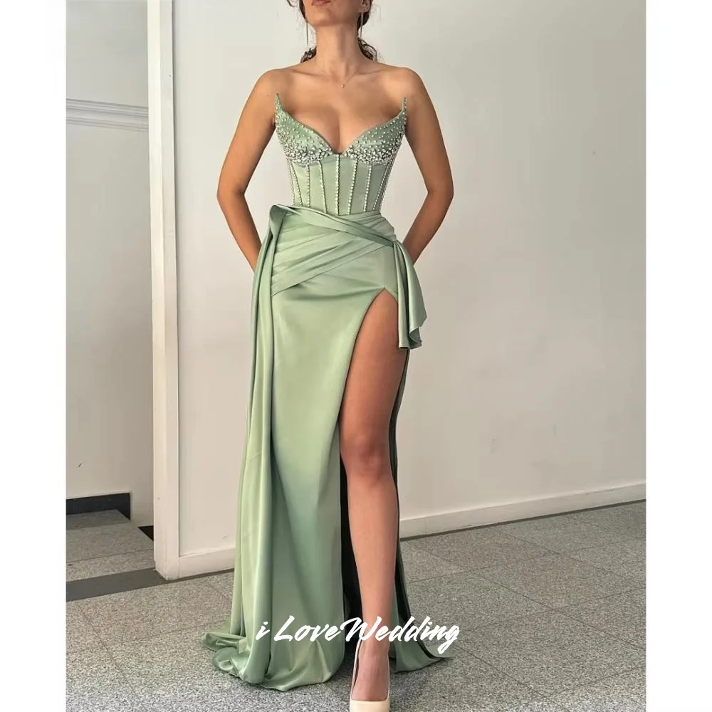 

Зеленые вечерние платья с v-образным вырезом 2021, атласные платья без рукавов с кристаллами и русалкой, плиссированные платья длиной до пола, платья для выпускного вечера, вечерние платья на заказ