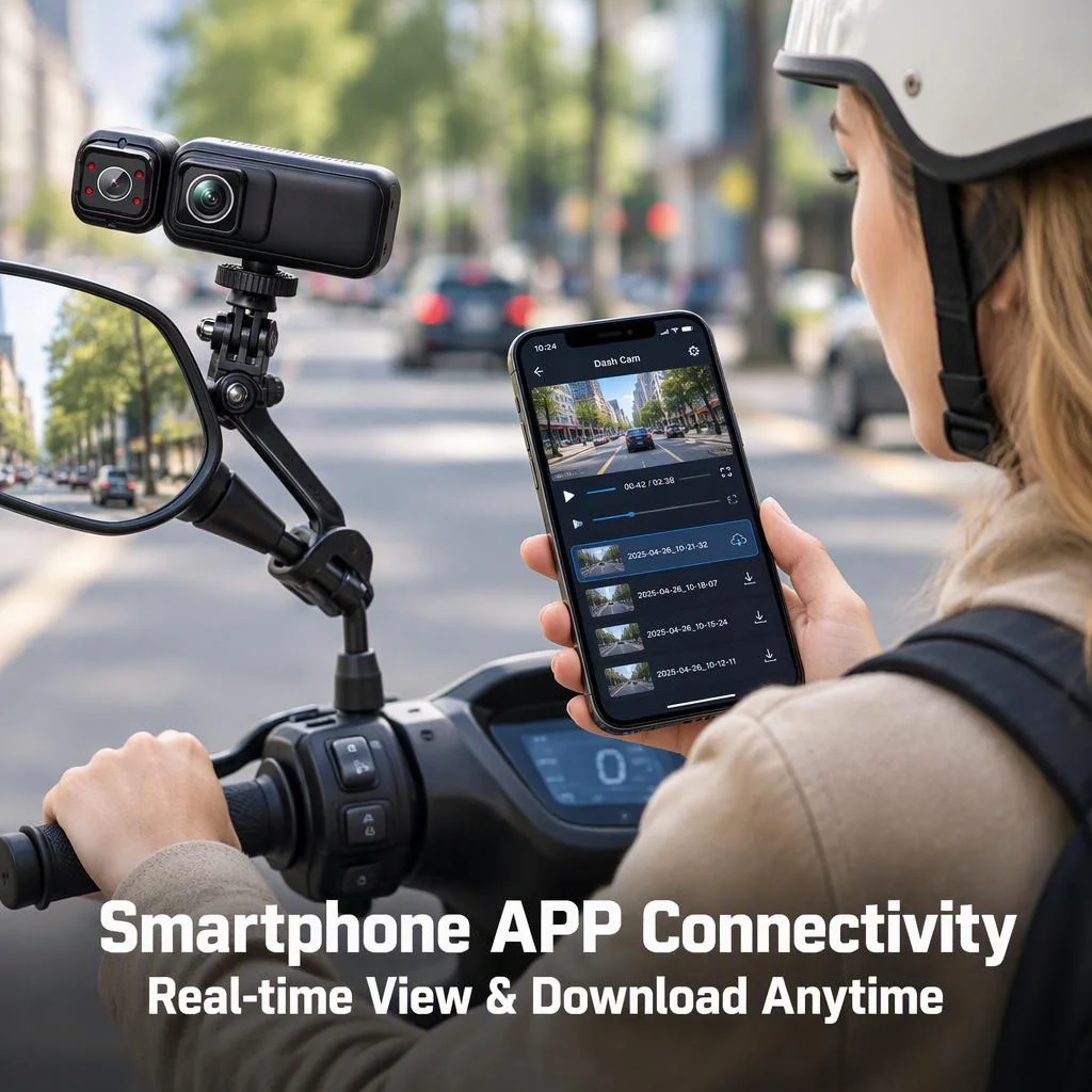 Dual Lens Dash Cam for E-Bike & Motorcycle, 2160P Front 1080P Rear Recording with 3 Mount Options, APP Connected Riding Recorder