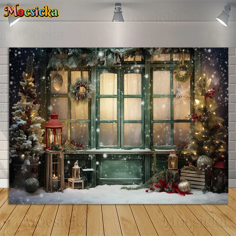 

Christmas Backdrops Photography Props Xmas Green Door Outdoor Snow Christmas Tree Wreath Decor Background Kids Portrait Studio