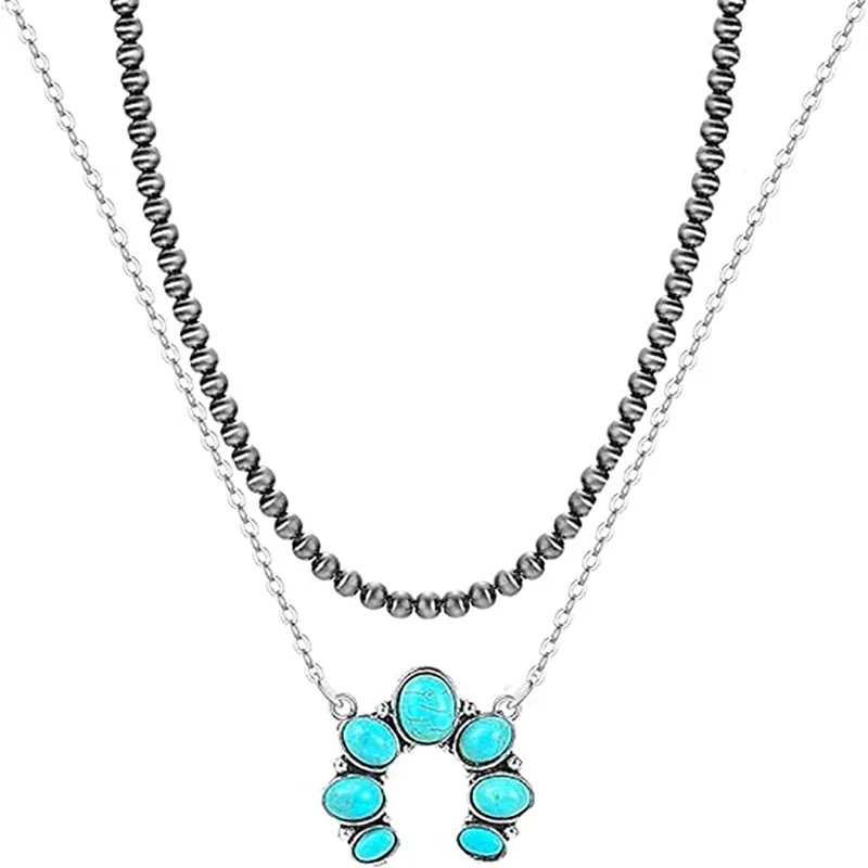 Foreign trade hot sale turquoise pendant multi-layer beaded necklace personalized pendant fashion collarbone chain necklace