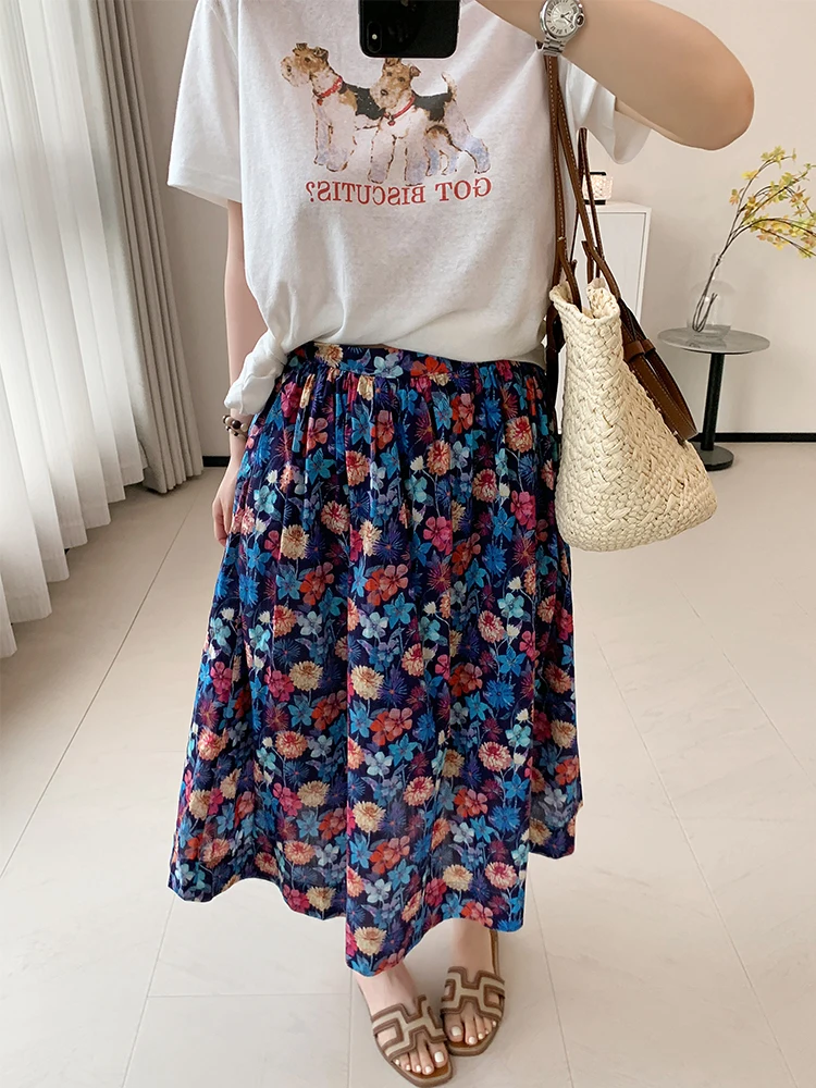 

Mid-Length A-Line Skirt Pure Cotton Floral Watercolor Print Women's High Waist Pleated Casual Skirt Spring Summer New Arrival