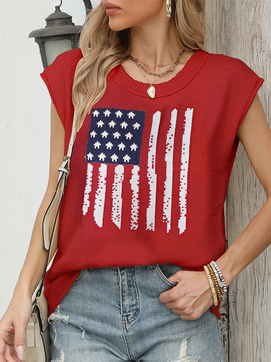 Women s Summer Fashion Sweater Tops Cap Sleeve Round Neck Flag Print Knitwear T-shirt