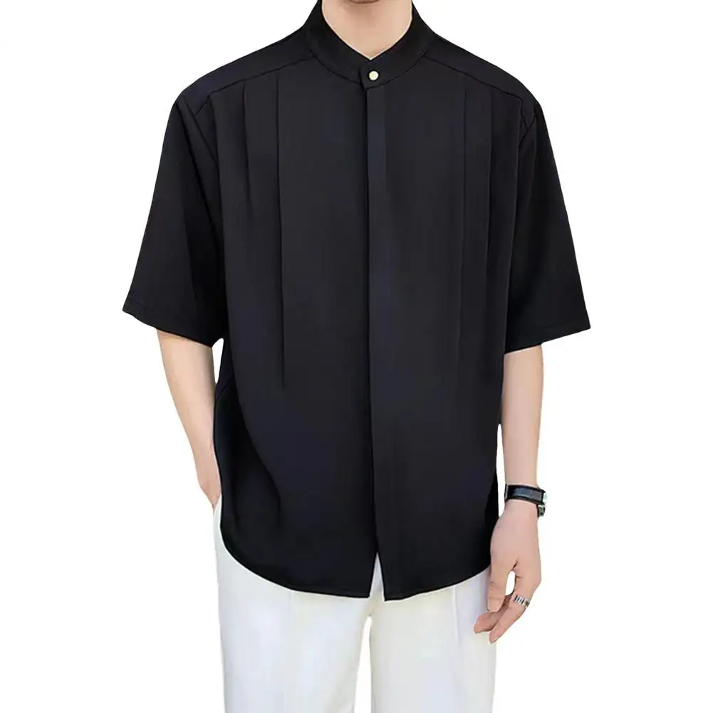 Ice Silk Men Shirt Stylish Men's Stand Collar Ice Silk Cardigan for Summer Office Wear Pleated Loose Fit Half Sleeves Casual