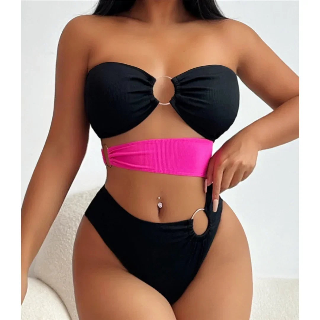 

Женский купальник с вырезами-бандо и металлическими кольцами, цельный купальник, женский купальник без бретелек с высоким вырезом, купальный костюм, V5871