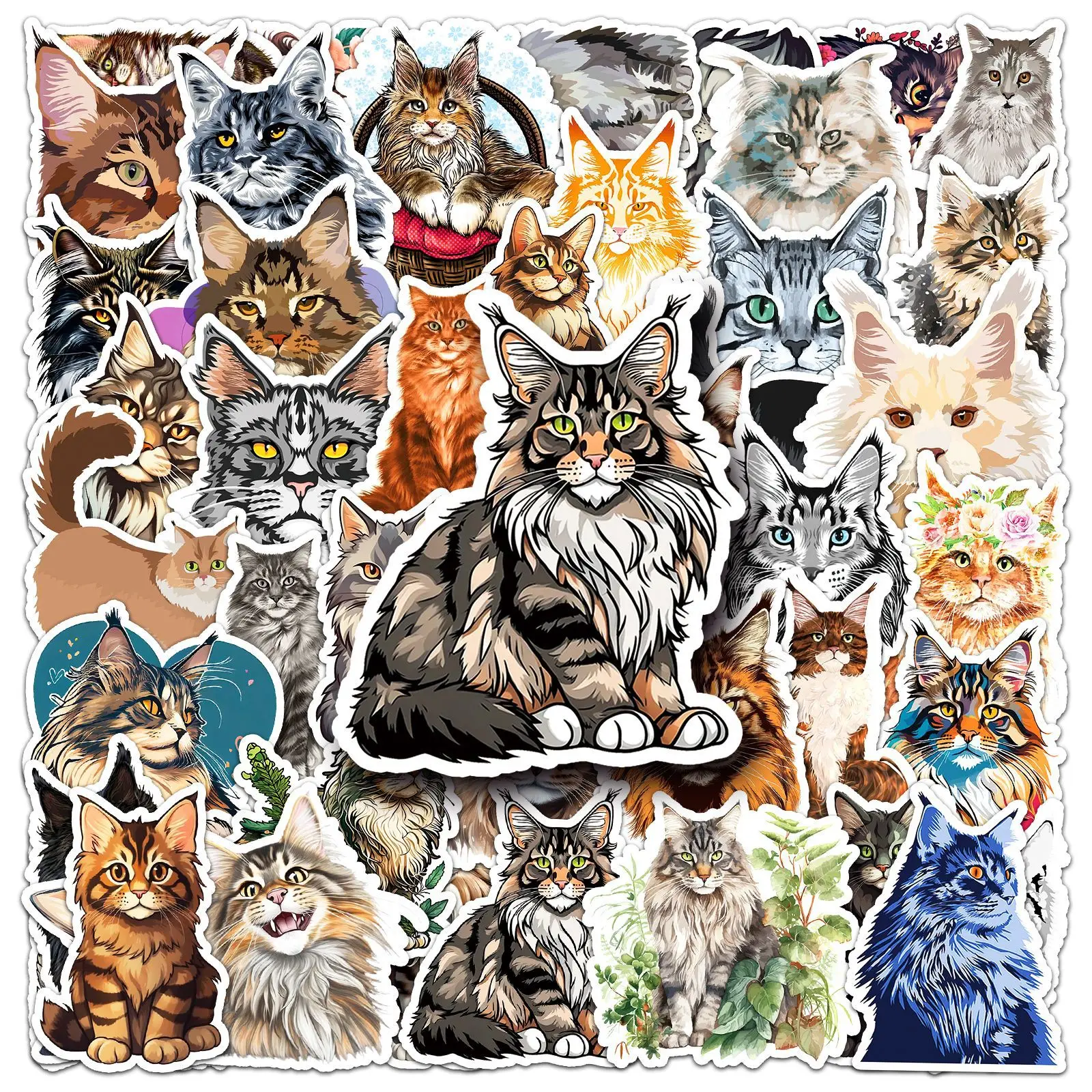 50pcs Maine Coon Cat Animal Cartoon Stickers Graffiti Sticker Decorate Phone Back Card Trunk Water Cup Cute Cat Stickers Gifts
