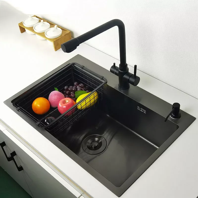 Luxury Matte Black Kitchen Sink Above Counter or Under Mount Vegetable Washing Basin Sinks Kitchen Novel Kitchen Accessories