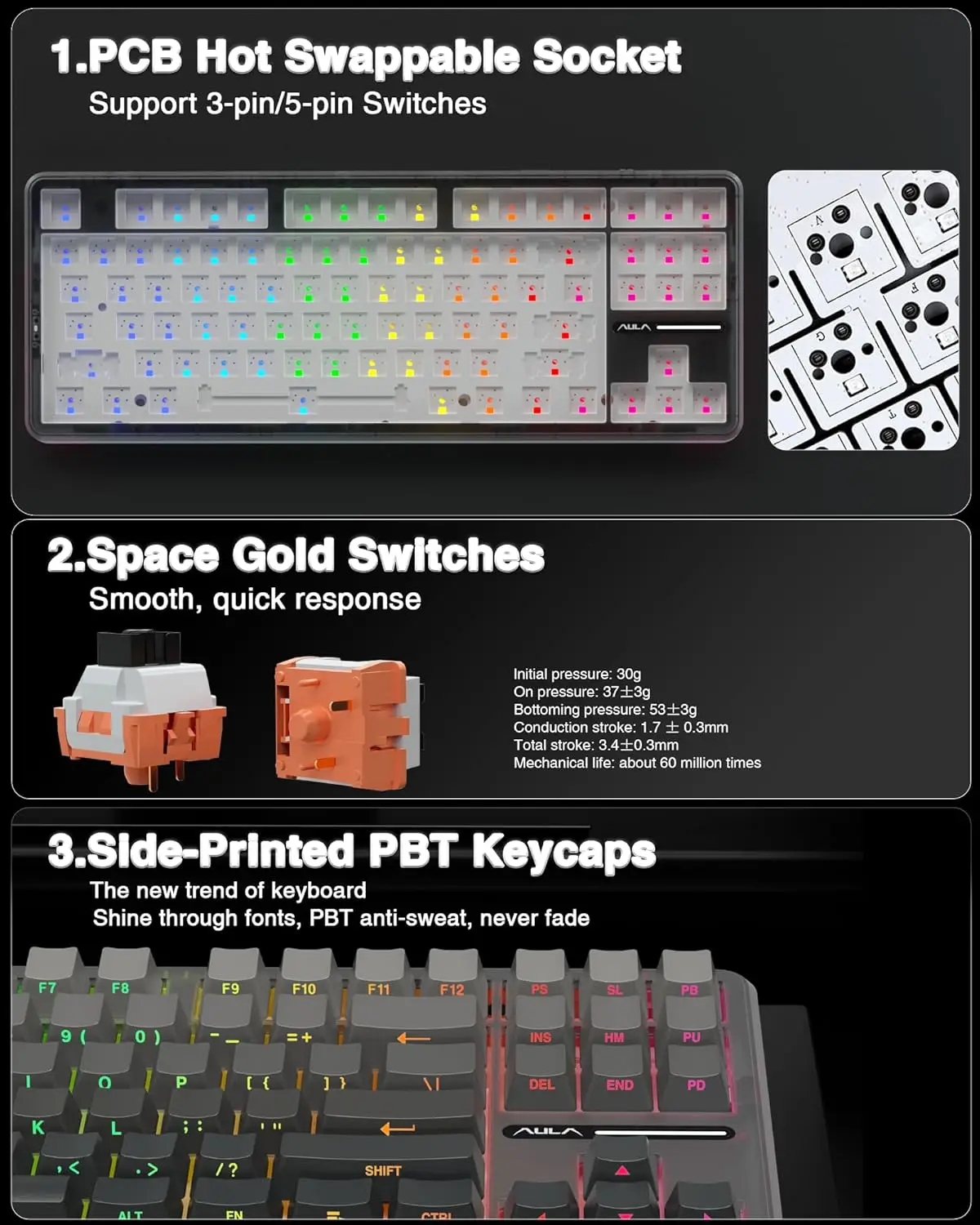 AULA F87Pro/F87 Mechanical Keyboard,Tri-Mode 2.4G/Wired/BT Wireless Keyboard,87 Key RGB PBT Gaming Keyboard
