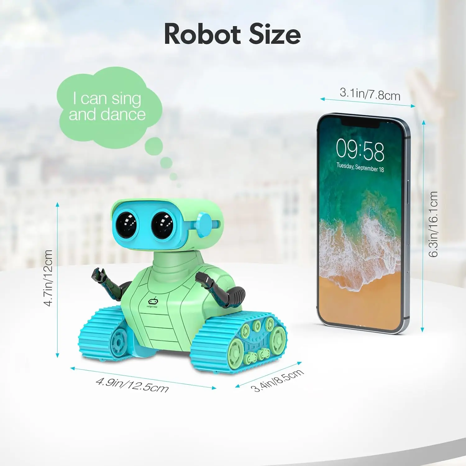 ALLCELE Robot Toys, Robôs RC para Crianças Meninos, Brinquedo de Controle Remoto com Música e Olhos LED, Presente Ideal para Crianças-Verde Azul