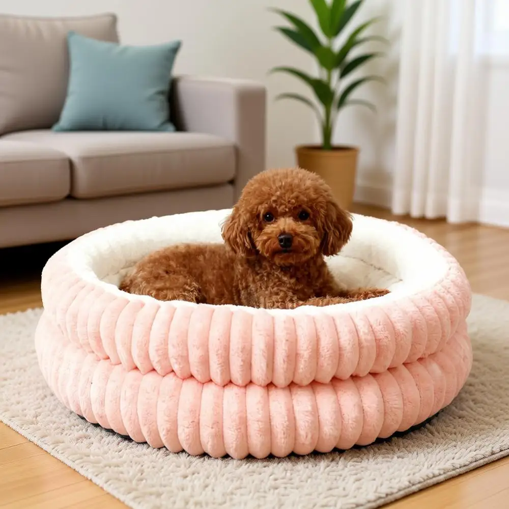 

Washable Round Donut Dog Bed, Cat Beds for Indoor Cats, Fluffy Puppy Beds for Small Dogs with Anti-Slip Bottom (Pink, M)