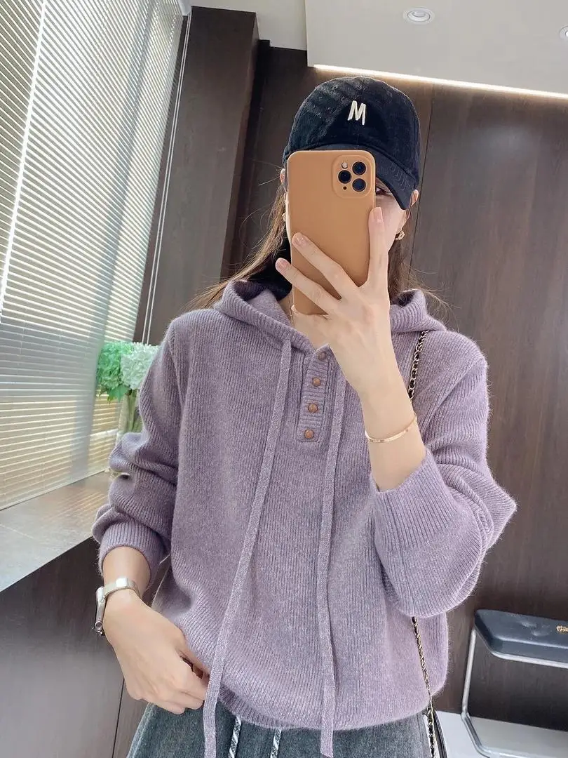 

Purple Hooded Sweater Women's Autumn Winter Loose Lazy Sle Soft Cozy Anti-Aging Slimming Inner Wear Knitted Top