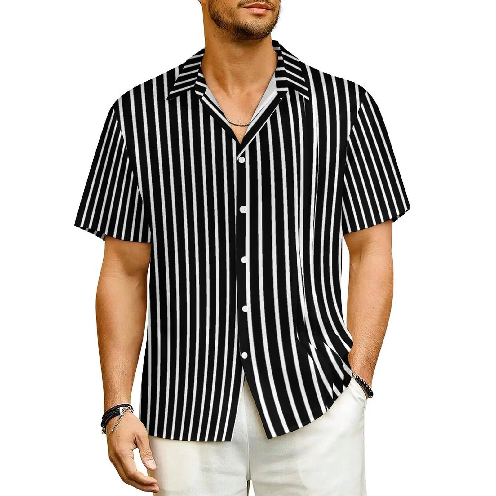 

White And Black Striped Hawaiian Shirt For Male Vacation Casual Shirts Short Sleeves Y2K Funny Print Novelty Oversized Blouses