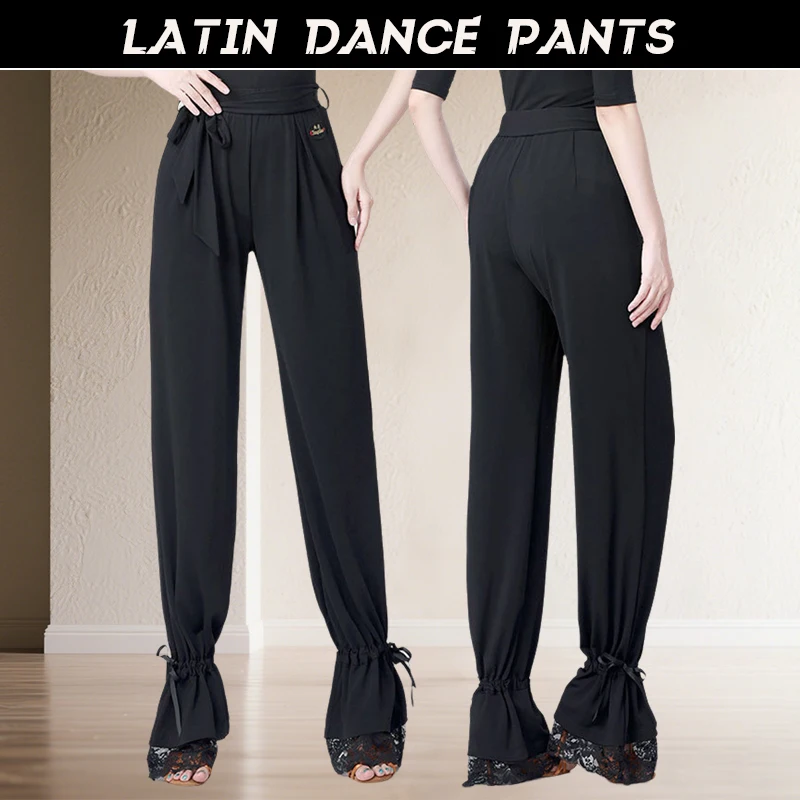 

Professional Elastic Waist Latin Dance Pants for Women Black High Waist Ballroom Dance National Standard Dance Training Pants