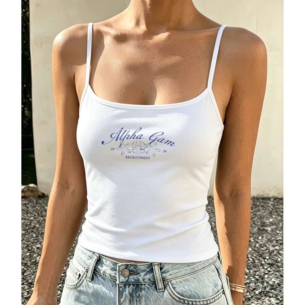 2026 Alpha Gam Sorority Recruitment Camisole Women Cute Seashell Print Tank Top White Black Spaghetti Strap Cami Slim Fit Vest