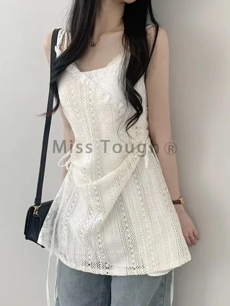 Summer Elegant New One Piece Dress Women Chic French Lace Sling Shirt Stacked Female Korean Fashion Inner Wear Base Short Dress