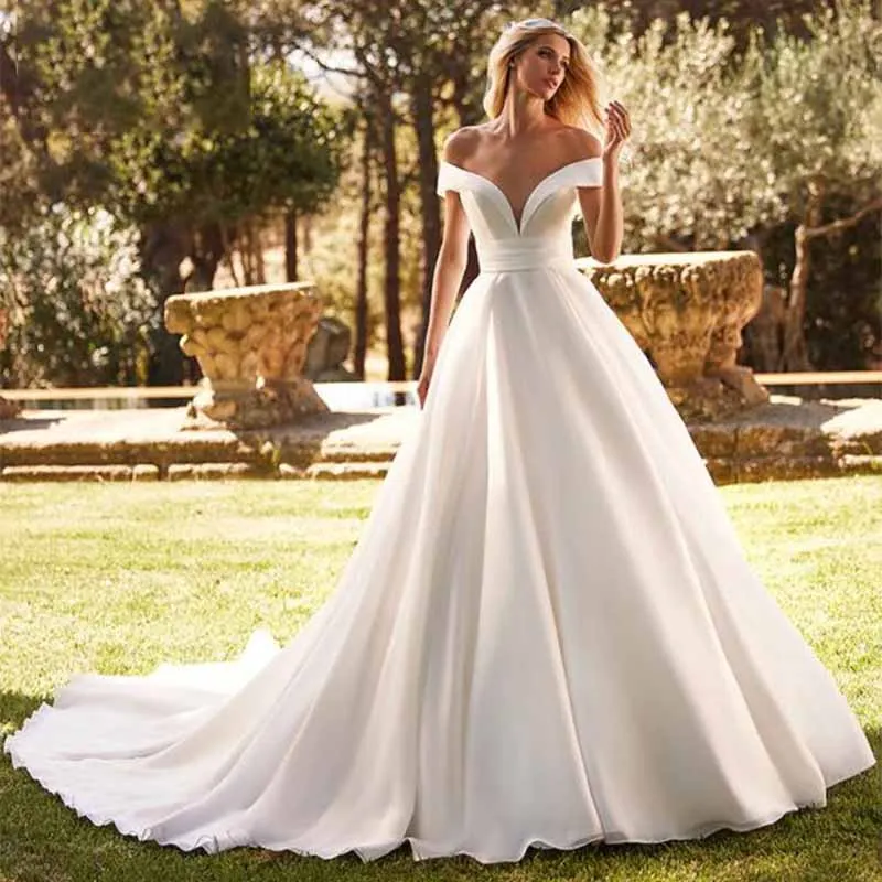 

MANRAY Off the Shoulder Wedding Dresses for Bride A-line V-neck vestidos de novia Court Train Buttons Custom Made For Women 2023