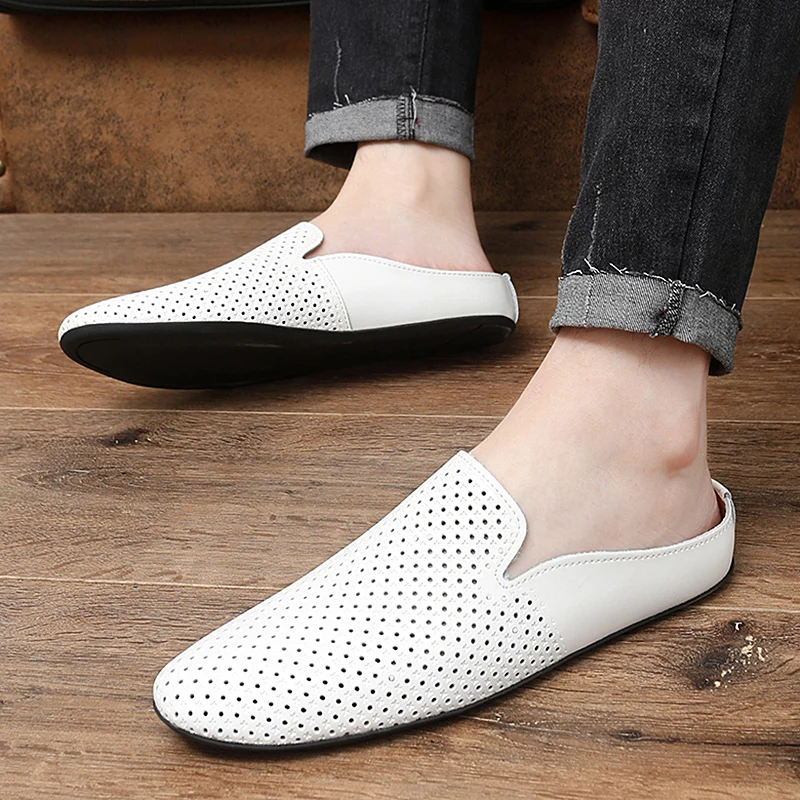 Summer Mules Men Half Shoes For Man Slippers Leather Mens Semi-Drag Casual Shoes Backless Loafers Male Slides Flats Sandals