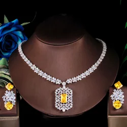 ThreeGraces Shiny Yellow Cubic Zirconia Stone Big Geometric Drop Earrings Necklace Bridal Wedding  Jewelry Set for Women TZ691