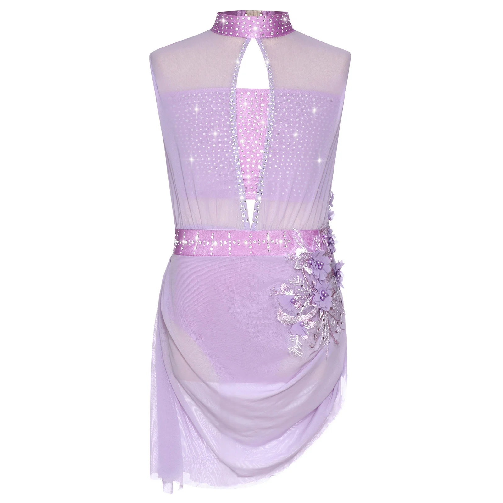 

Kids Girls Figure Skating Dance Costume Sleeveless Backless Cutout Sheer Mesh Shiny Rhinestones Ballet Dress Lyrical Dancewear
