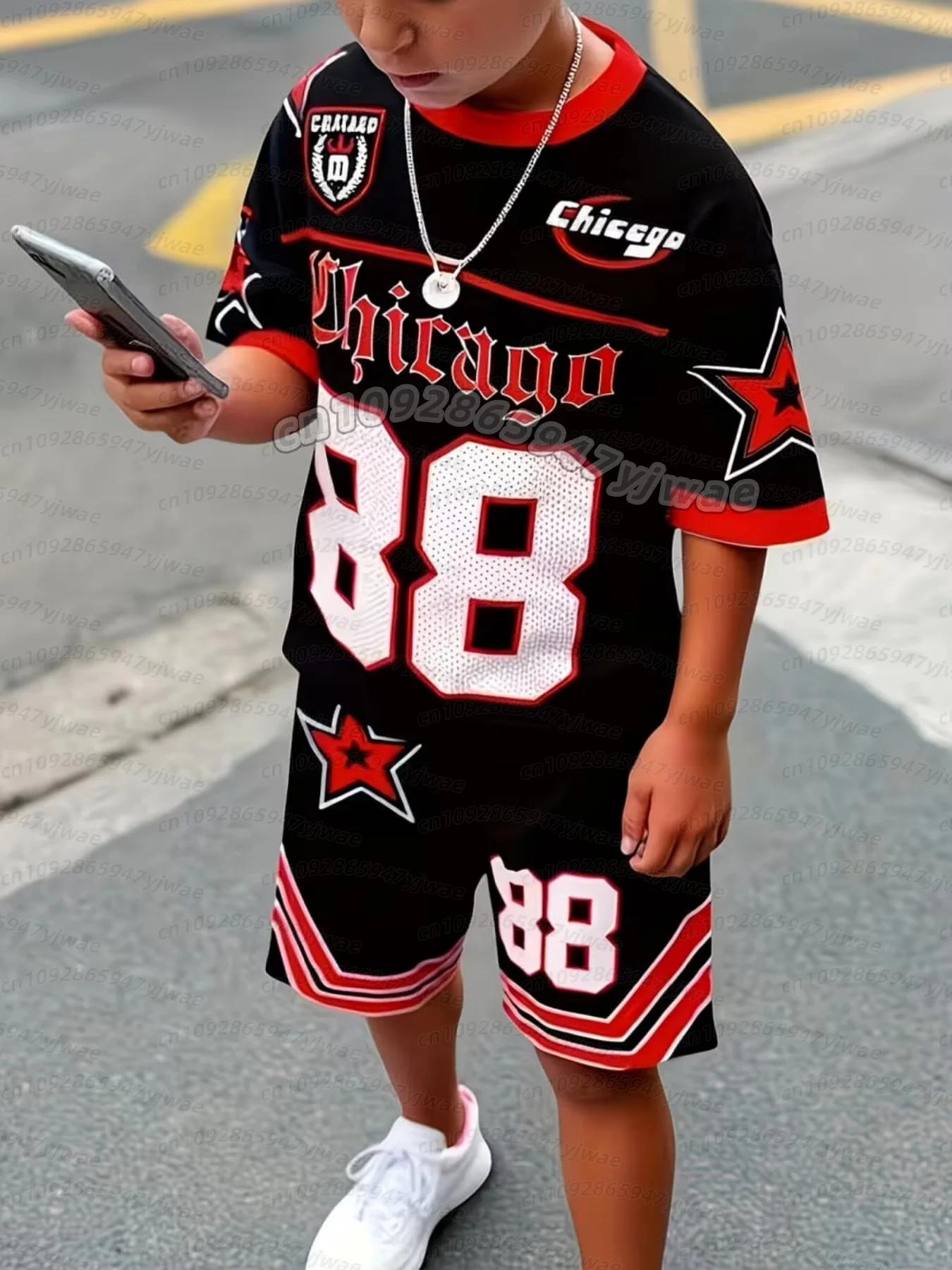 CHICAGO NO.88 PRINT Jersey Boy Short Sleeve Loose Fit Shorts and T-Shirt Set Sporty Outdoor Quick Drying tracksuit 2pc Boy Set
