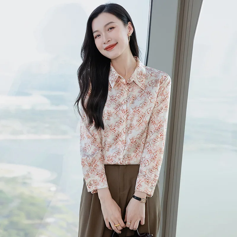 

Шелковая рубашка с длинными рукавами, весна 2021, новая модная рубашка с лацканами с принтом, универсальный топ для пригородных поездок