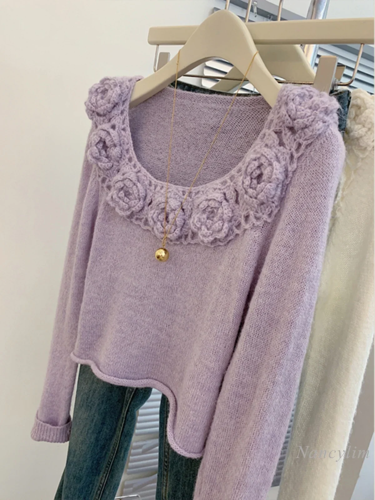 

Classic Style Purple Three-Dimensional Flower Sweater Women's Autumn Top High Sense Slim Fit Knitwear Long Sleeve Top 2024