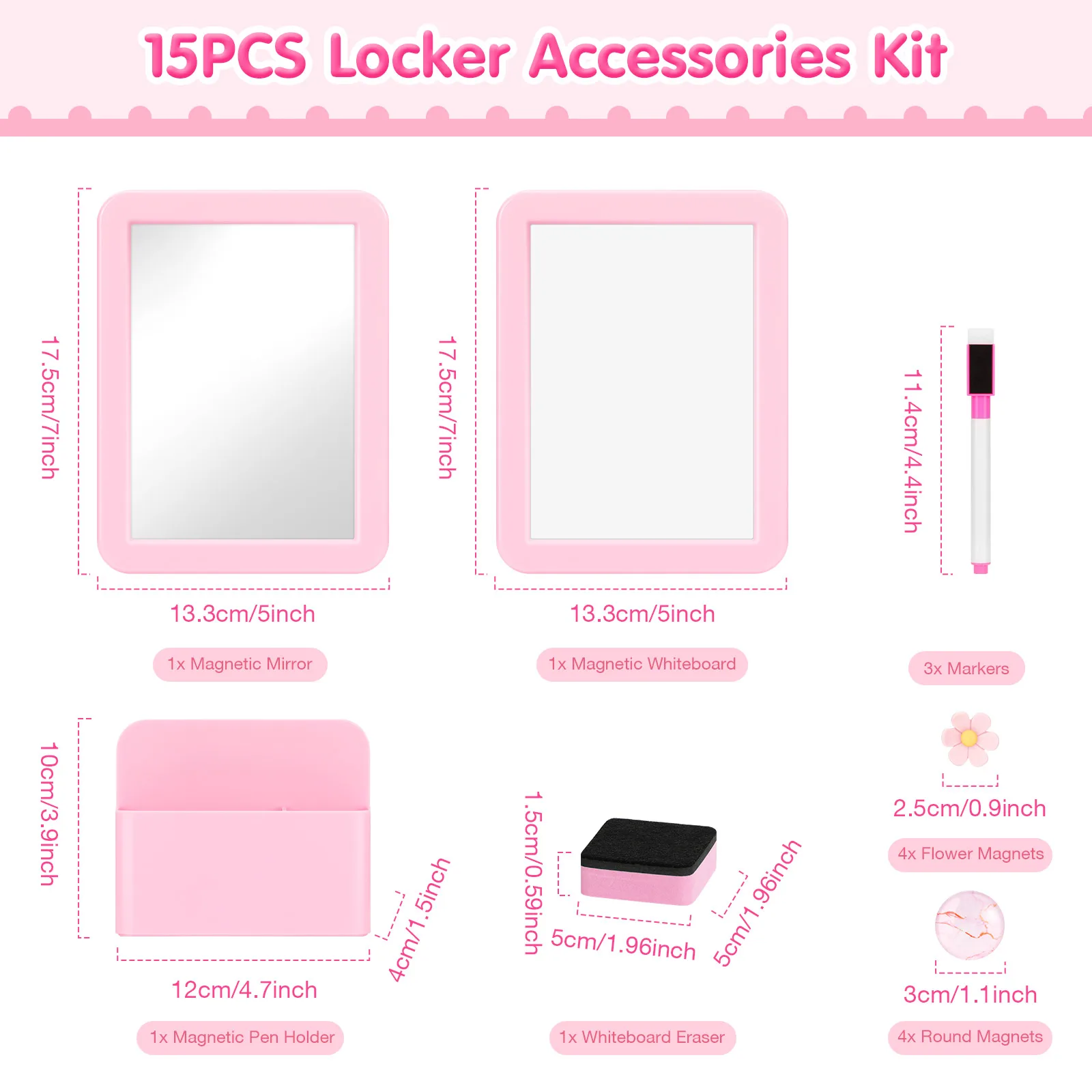 15Pcs Locker Accessories Kit Magnetic Mirror Whiteboard Pen Holder Magnet Hook Locker for Back to School Essential Locker Decor
