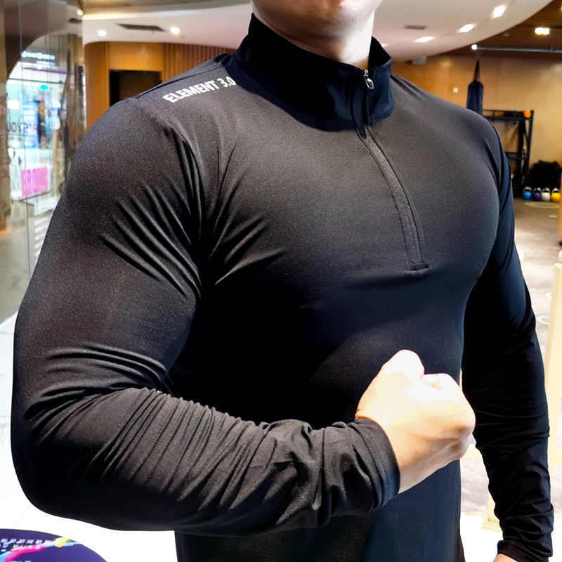 New 2023 Autumn Winter Quick Dry Running Shirt Men T-shirt Long Sleeve Compression Shirts Gym T-shirt Fitness Sport Zipper Shirt