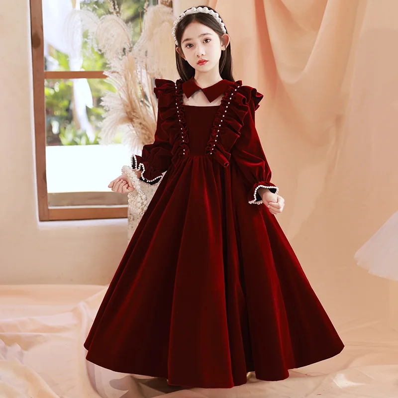 Girls' Formal Red High-End Princess Dress Spring and Autumn Flower Wedding Little Girl Host Children's Piano Performa