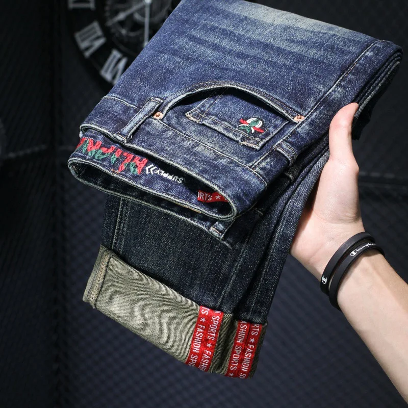 2024 new high-end light luxury MEN\'S jeans fashion embroidery retro elastic straight slim versatile casual fitted denim pants