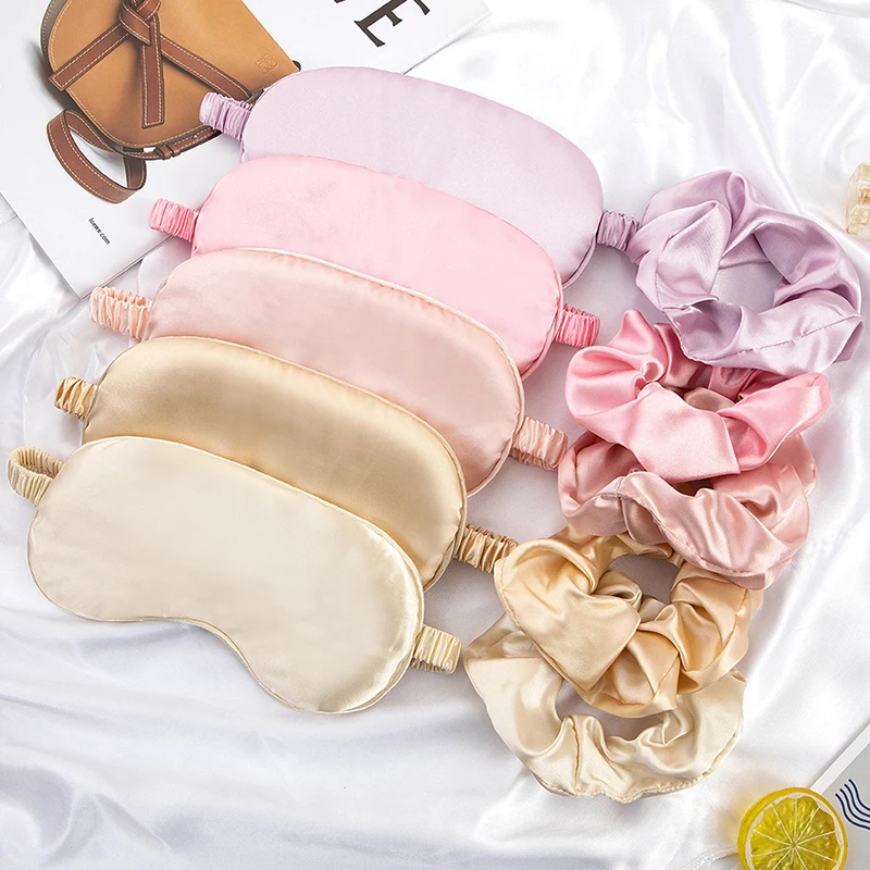 2Pcs Imitated Silk Eye Mask And Hair Scrunchie Set Soft Eye Night Blindfold For Women And Men Scrunchies Hair Ties