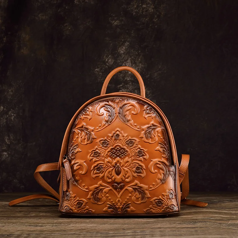 

Genuine leather backpack Women's top layer cowhide handmade bag Embossed small backpack Retro travel bag Leisure women's bag