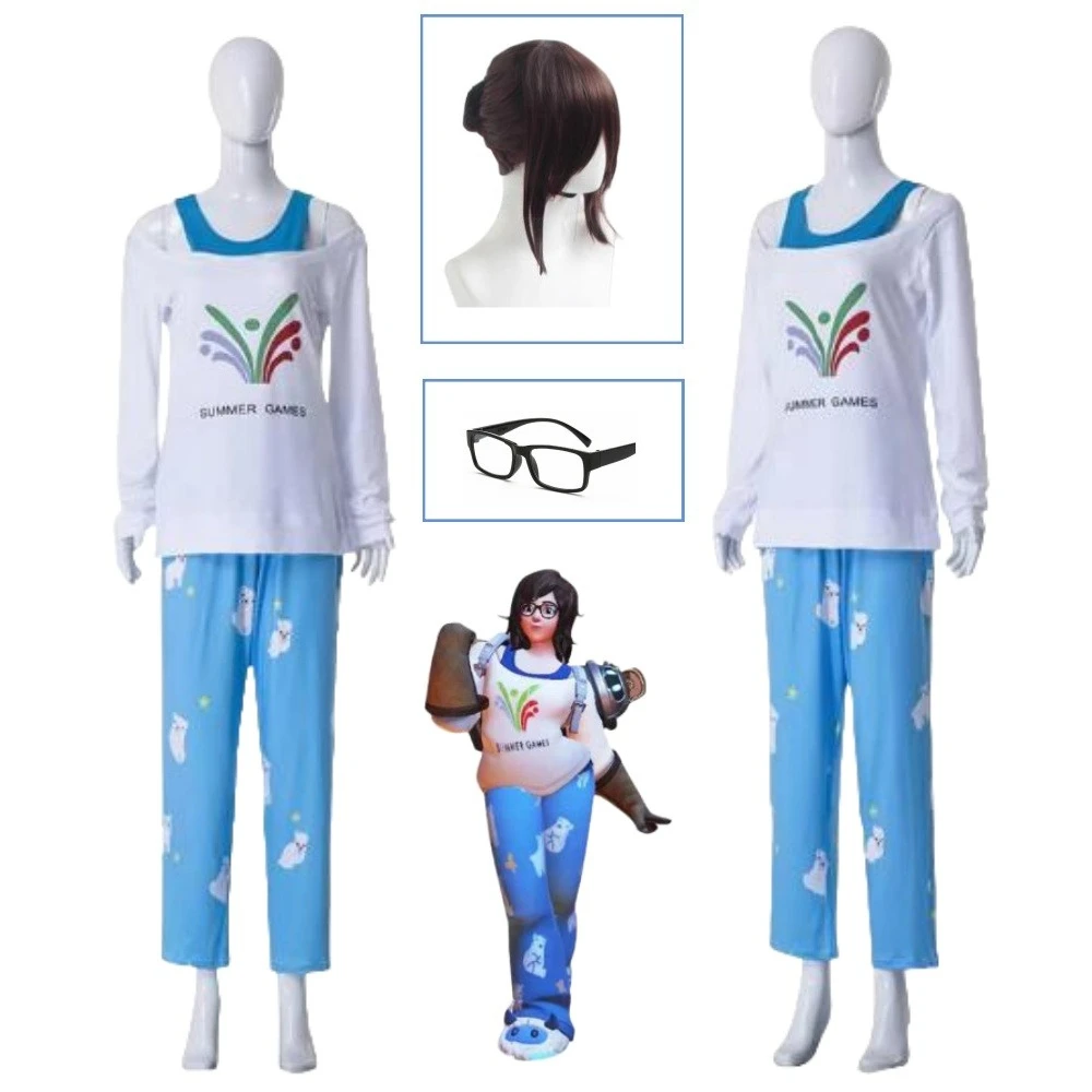 OW Mei Meiling Zhou Cosplay Costume Wig Long Sleeve Top and Pants Pajamas Halloween Masquerade Carnival Party Costume for Women