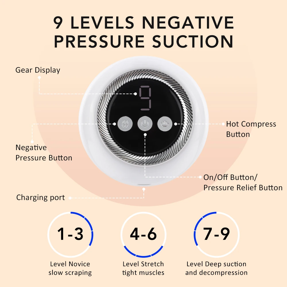 Instrumento de raspado eléctrico 4 en 1, 9 ventosas de compresión caliente, máquina de ventosas de vacío, dragado de meridianos, elimina la humedad