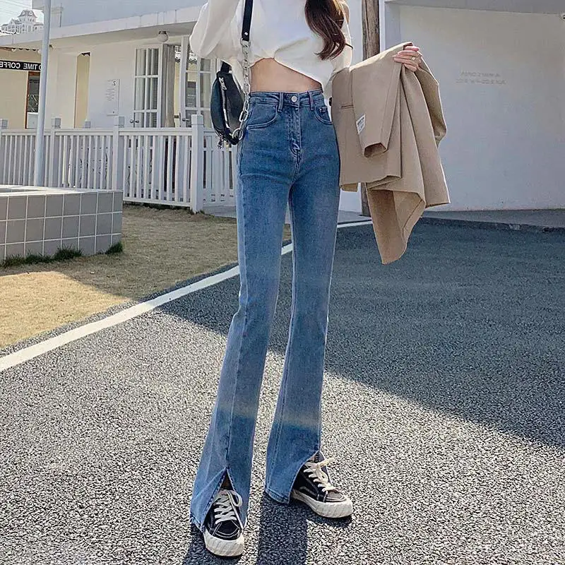 Retro Flared Denim Jeans Women's High Waist Slim Fit Elastic Wide Leg Floor Length Split Bell Bottom Trendy Summer Commute