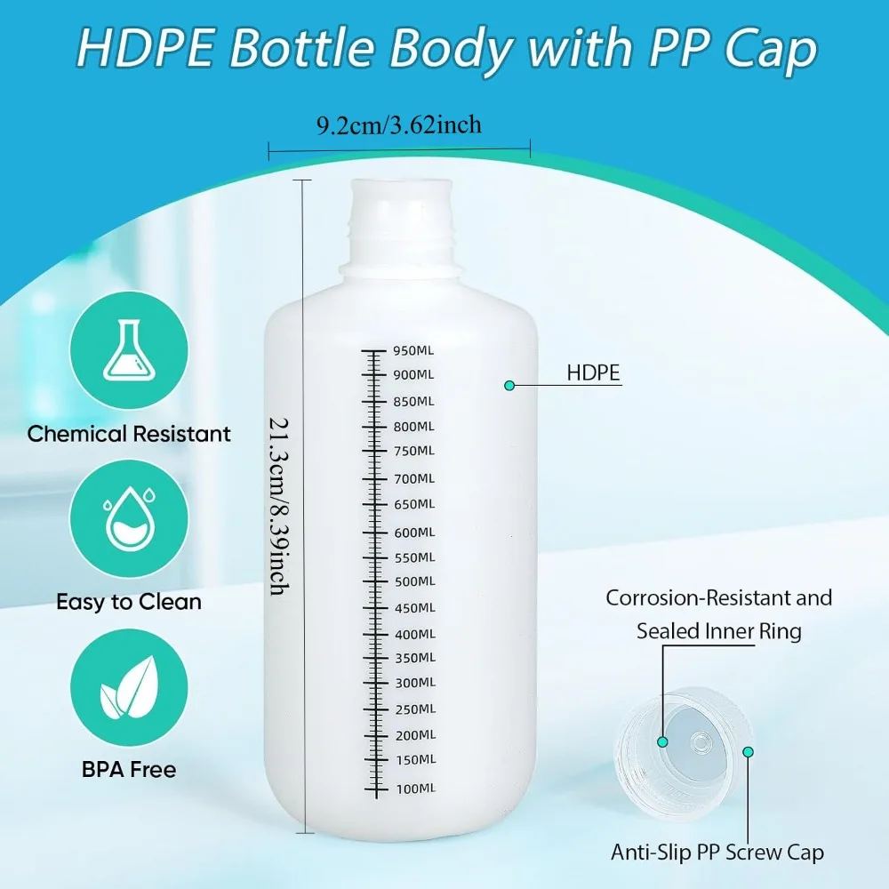 32oz/1000ml Narrow‑Mouth Plastic Bottles with Caps,  Sample, Medicine & Water Storage, Translucent, 2 Pcs