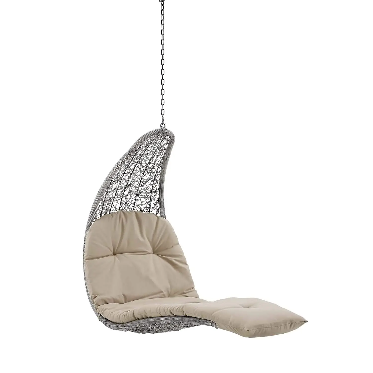 Outdoor Wicker Rattan Hanging Swing Chaise Lounge Chair For Patio Porch, Light Gray Beige, Customized
