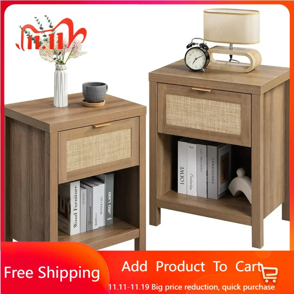 Night Stand with Drawer and Storage Shelf - Boho Bedside Table End Table Side