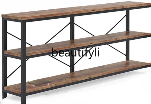 

American wrought iron solid wood shelf multi-layer living room floor bookshelf TV cabinet display rack