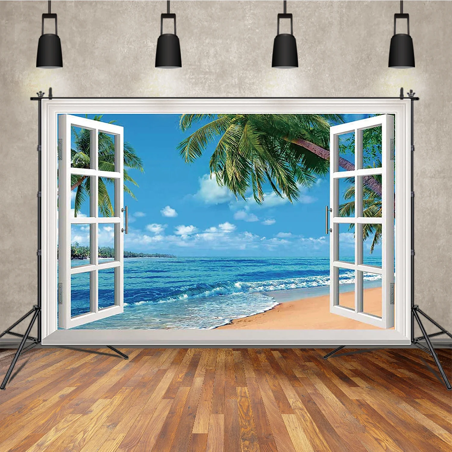 MOON.QG ستائر الشاطئ إطار الصورة خلفية الاستوائية الأزرق المحيط شجرة النخيل يترك خلفية الصيف عطلة حفلة اطلاق النار الدعائم