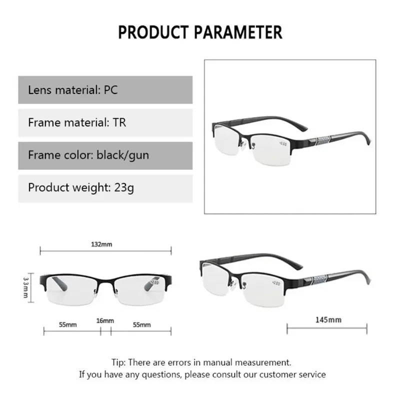 Anti Blau Lesebrille Männer Halbrahmen Gläser Business Stil Männliche Brillen Für Alte Menschen Gläser Mit Grade + 100 ~ + 400 – Detail 7