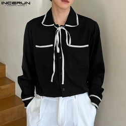 Men Shirt Patchwork Streetwear Lapel Long Sleeve Korean Style Men Clothing Lace Up 2023 Elegant Casual Shirts S-5XL INCERUN