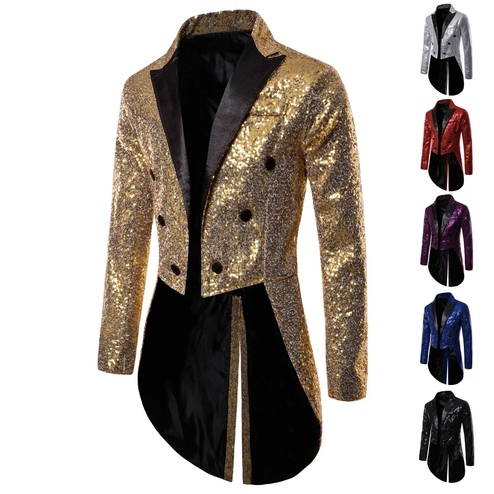 Shiny Gold Sequins Glitter Tailcoat Suit Jacket Male Double Breasted Wedding Groom Tuxedo Blazer Men Party Stage Prom Costume Shiny Gold Sequins Glitter Tailcoat Suit Jacket Male Double Breasted Wedding Groom Tuxedo Blazer Men Party Stage Prom Costume
