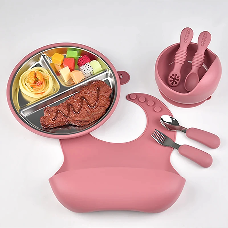 

YLS 7pcs Baby Silicone Feeding Set Non-Slip Bowl&Plate Waterproof Bib With Fork Spoon Infant Tableware BPA-Free Baby Dishes Set