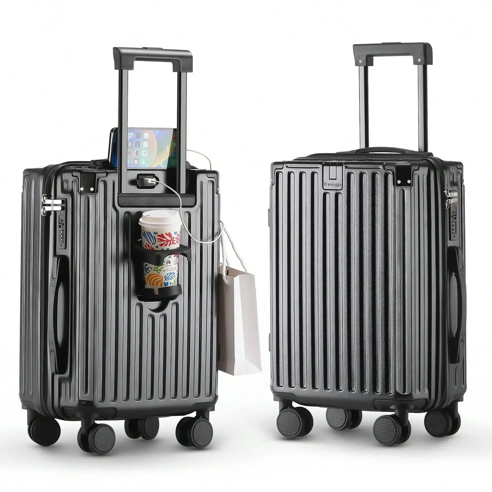 

20 Inch Carry On Luggage With Cup Holder, Airline Approved TSA-Locked Luggage, Lightweight PC Material Travel Suitcase With 360° Spinner Wheel (14-20-24in Black, 14-20-24in) Luggage Case Trolley Suitcase Spinner Suitcase Travel Luggage Hardshel