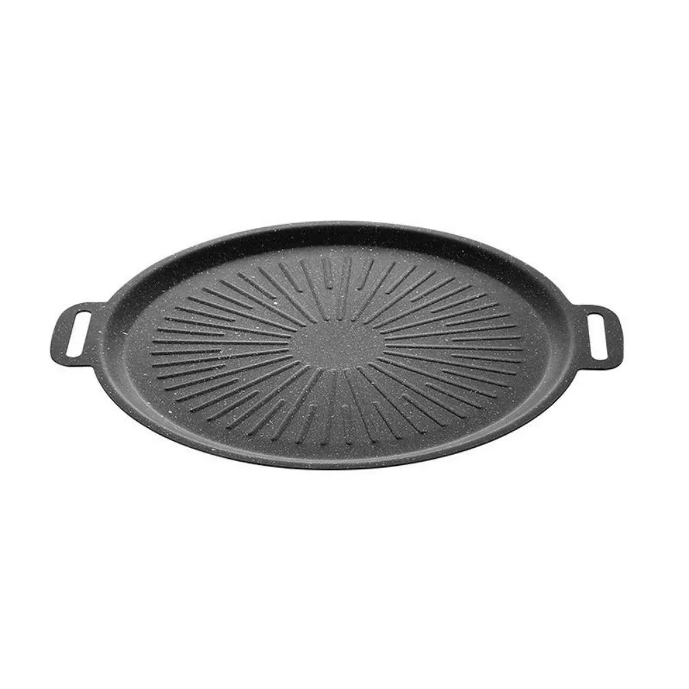 Iron Korean BBQ Grill Pan Dual Handles Even Heat Distribution Nonstick Grill Pan Nonstick Sun Ray Pattern Teppanyaki Griddle