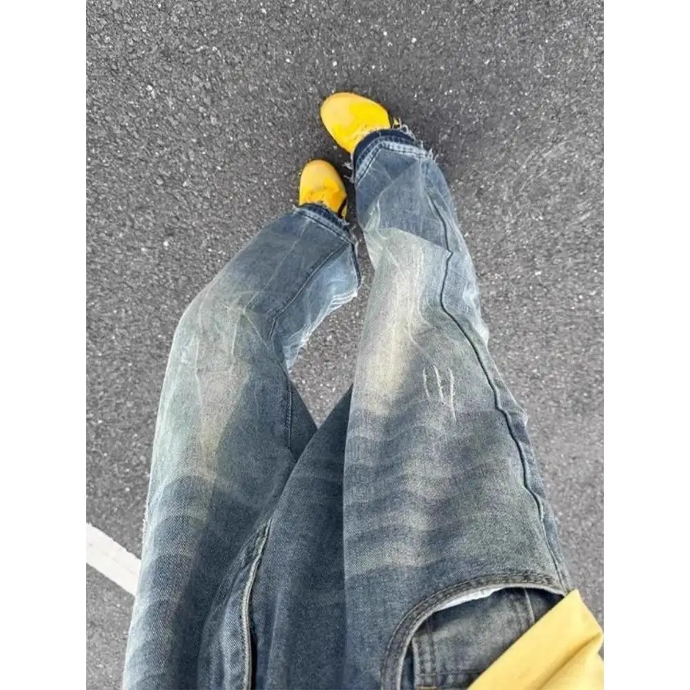

Blue Bamboo Bud Micro Flared Jeans Straight Leg Slimming Long Trousers Unisex High Street Clean Fit Jeans Cotton Polyester Blend