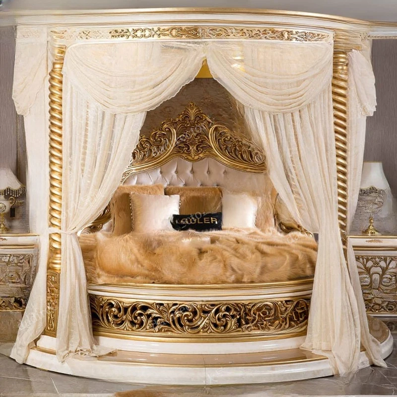 Villa, palace, European style solid wood round bed,French luxury carved bed, princess double marriage bed, high-end