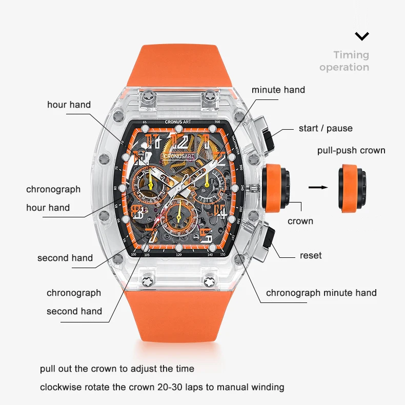 CRONUSART ساعة كرونوغراف للرجال 50 مللي متر تونيو الياقوت ساعة اليد الميكانيكية مضيئة الهيكل العظمي الهاتفي حزام مطاط الفلور